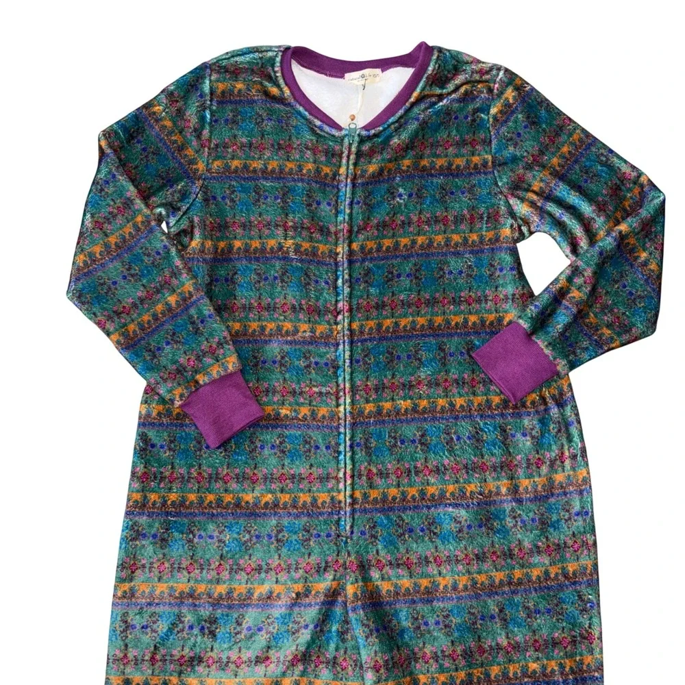 Natural Life Boho Fleece One Piece Pajama Jumpsuit Teal Print XS S - Picture 3 of 5